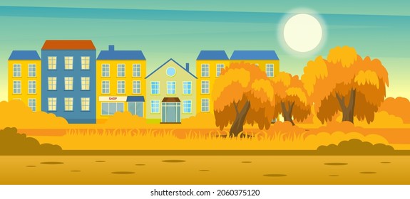 Cartoon illustration of the rural autumn landscape with city on background