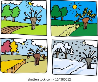 Cartoon Illustration of Rural Landscape in Four Seasons: Spring, Summer, Autumn or Fall and Winter