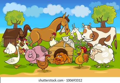 Cartoon Illustration Of Rural Scene With Farm Animals Group