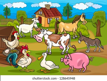 Cartoon Illustration of Rural Scene with Farm Animals Livestock Big Group