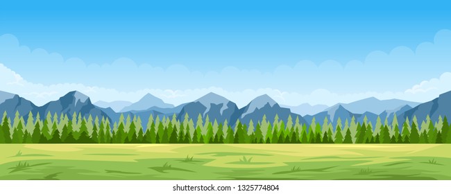 Cartoon illustration of the rural summer landscape with forest and mountains on background