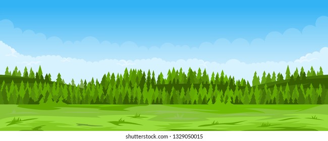 Cartoon illustration of the rural summer landscape with spruce forest