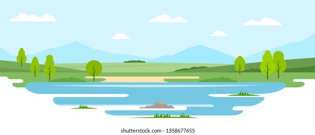 Cartoon illustration of the rural summer landscape with river and mountains on background