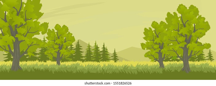 Cartoon illustration of the rural summer landscape with trees