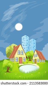 Cartoon illustration of the rural summer landscape with city on background