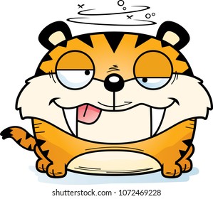 A cartoon illustration of a saber-toothed tiger cub with a goofy expression.