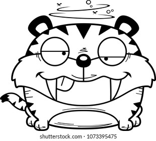 A cartoon illustration of a saber-toothed tiger cub with a goofy expression.