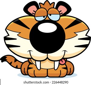A cartoon illustration of a saber-toothed tiger cub with a goofy expression.