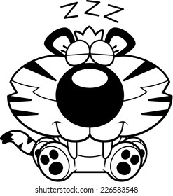 A cartoon illustration of a saber-toothed tiger cub taking a nap.