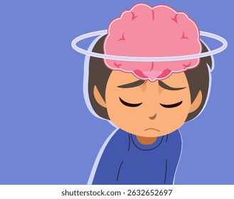 Cartoon illustration of a sad child with a visible brain on their head. Vector drawing metaphor for mental health care and emotional awareness in children