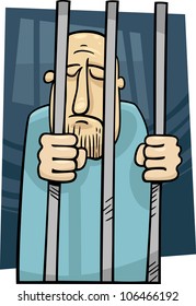 cartoon illustration of sad jailed man behind the prison bars