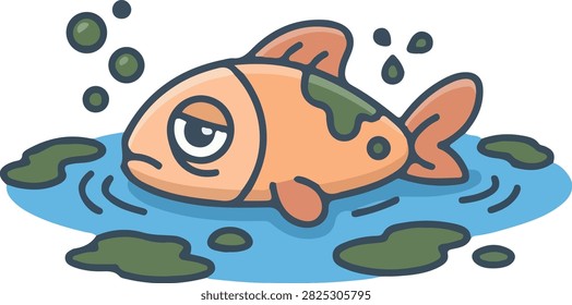 A cartoon illustration of a sad, sick, or dead goldfish floating in polluted, dirty water with dark green sludge and bubbles.