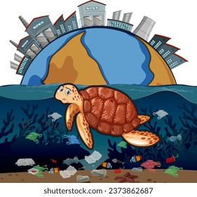 A cartoon illustration of a sad turtle surrounded by pollution in the sea