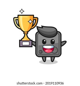 Cartoon Illustration of safe box is happy holding up the golden trophy , cute style design for t shirt, sticker, logo element