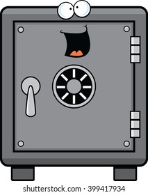 Cartoon illustration of a safe with a happy expression.