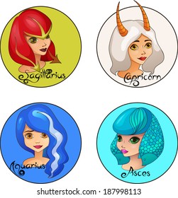 Cartoon illustration of Sagittarius, Capricorn, Aquarius and Pisces zodiac signs as beautiful girls portraits