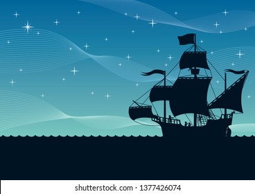 Cartoon illustration of sailing ship at night.