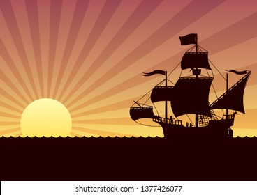 Cartoon illustration of sailing ship at sunset.