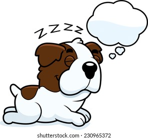 A cartoon illustration of a Saint Bernard sleeping and dreaming.