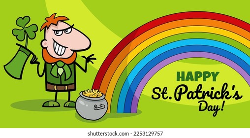 Cartoon illustration of Saint Patrick Day design with Leprechaun character with clover and pot of gold