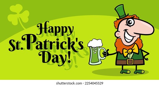 Cartoon illustration of Saint Patrick Day design with Leprechaun character with green beer