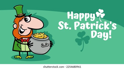 Cartoon illustration of Saint Patrick Day design with Leprechaun character with pot of gold