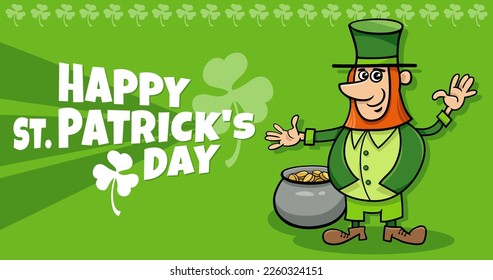 Cartoon illustration of Saint Patrick Day design with funny Leprechaun character with pot of gold