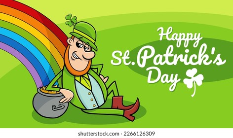 Cartoon illustration of Saint Patrick Day design with Leprechaun character with rainbow and pot of gold