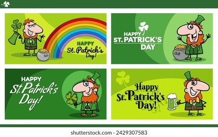 Cartoon illustration of Saint Patrick Day greeting cards design set with Leprechaun characters