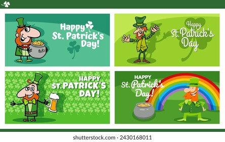 Cartoon illustration of Saint Patrick Day greeting cards design set with Leprechaun characters