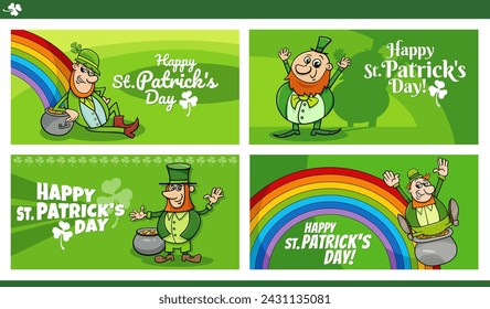 Cartoon illustration of Saint Patrick Day greeting cards design set with Leprechaun characters