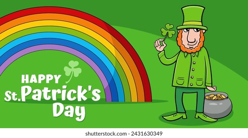 Cartoon illustration of Saint Patrick Day design with Leprechaun character with clover and pot of gold