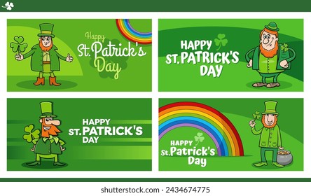 Cartoon illustration of Saint Patrick Day greeting cards design set with Leprechaun characters