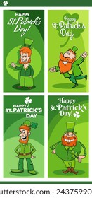 Cartoon illustration of Saint Patrick Day greeting cards design set with Leprechaun characters