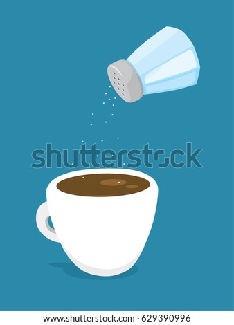 Cartoon illustration of saltshaker adding salt to coffee