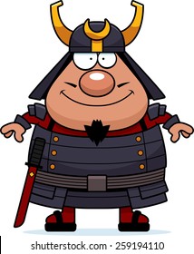 A cartoon illustration of a samurai looking happy.