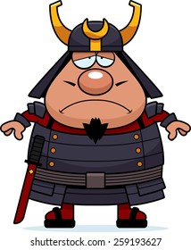 A cartoon illustration of a samurai looking sad.