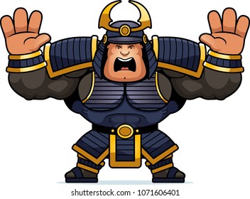 A cartoon illustration of a samurai looking scared.