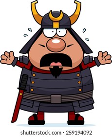 A cartoon illustration of a samurai looking scared.
