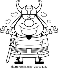 A cartoon illustration of a samurai ready to give a hug.