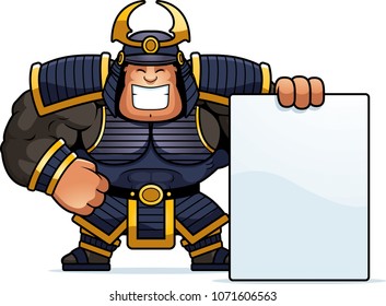A cartoon illustration of a samurai with a sign.