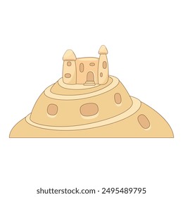 Cartoon illustration of a sand castle standing on a sandy hill