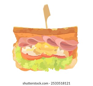 Ilustración de dibujos animados de sándwich con pan de trigo, lleno de carne ahumada, huevo hervido, queso, salsa de mayonesa y verduras. Vector sabroso alimento aislado sobre fondo blanco.