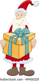 Cartoon Illustration of Santa Claus with Big Christmas Present