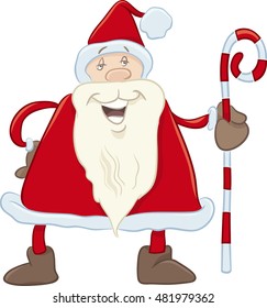 Cartoon Illustration of Santa Claus with Cane on Christmas Time