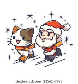 Cartoon illustration of Santa Claus and the cat skate together. These cute cartoon file are perfect for T-shirts, phone cases, bags, mugs, stickers, tumblers.