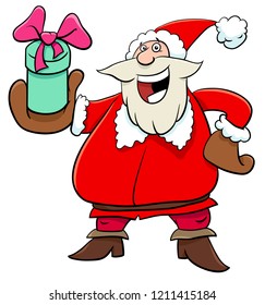 Cartoon Illustration of Santa Claus Character with Christmas Present