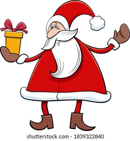 Cartoon illustration of Santa Claus character with Christmas present