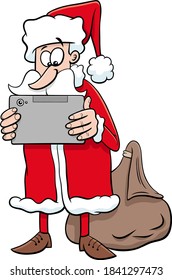 Cartoon-Illustration des Santa Claus-Charakters mit Tablet-PC zur Weihnachtszeit