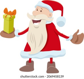 Cartoon illustration of Santa Claus character with present on Christmas time